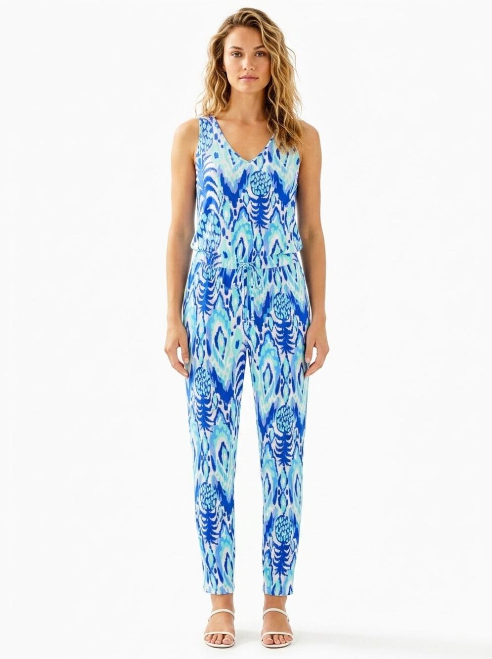 Lilly Pulitzer Paulina Jumpsuit Womens L Blue White Tropical Pineapple Tie Waist